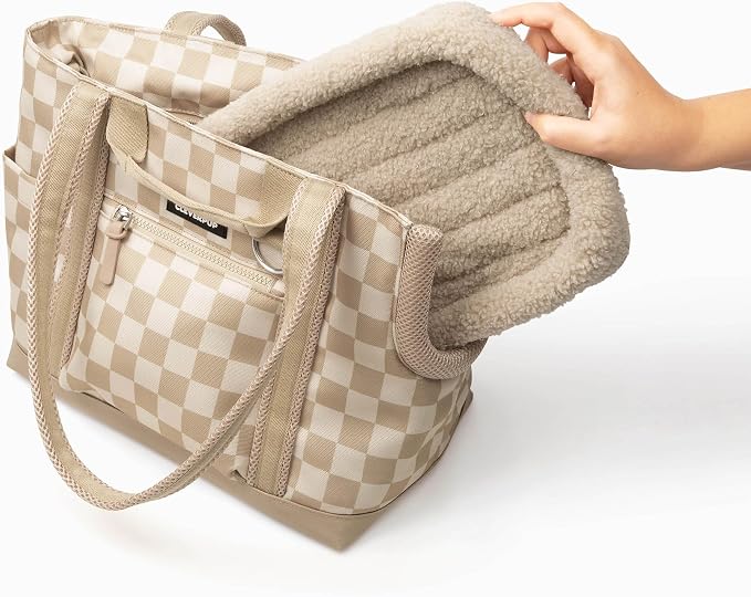 Transit Tote Dog Carrier for Small Dogs Under 8 lbs, 16x11x8 Soft-Sided 4-Pc Set with Waterproof Base, Plush Insert, Food Pouch, Mesh Head Opening - Small, Checkerboard