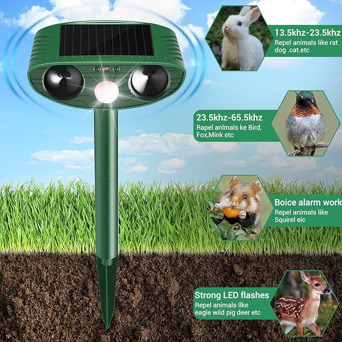 Cat Repellent Outdoor,2 Pack Solar Animal Repeller Ultrasonic Cat Deterrent with PIR Motion Sensor Waterproof Pest Repeller Animal Deterrent for Garden Yard Cats, Dogs,Skunks,Raccoon Birds Squirrels