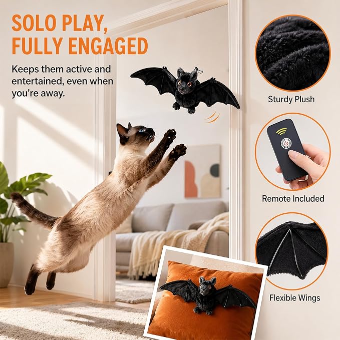 Interactive Flying Bat Dog Toy, Flapping Wings Cute Bat for Indoor Cats & Dogs, Automatic Flapping Wings with Chirping Sounds, Touch Activated, Rechargeable for Solo Play，Remote Control