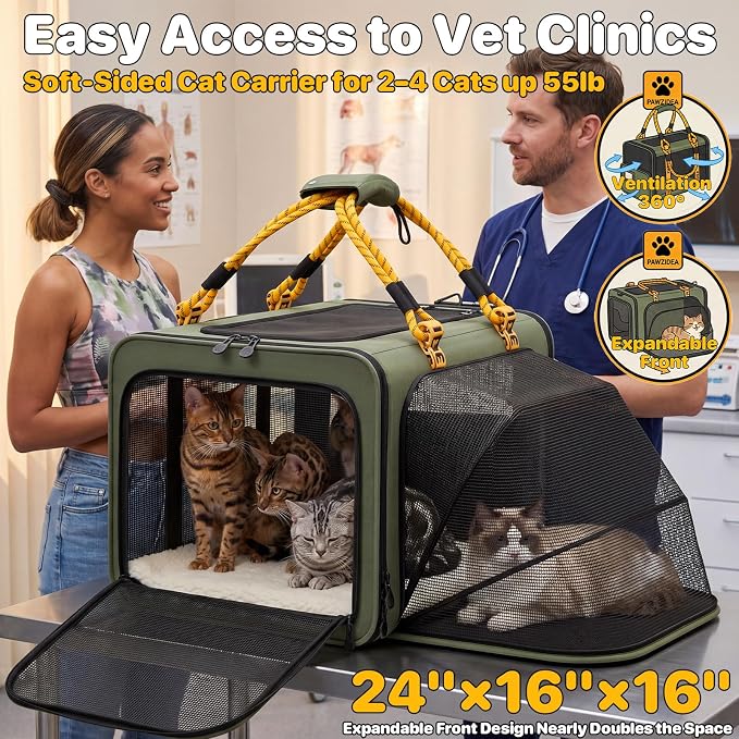 PAWZIDEA Expandable Large Pet Carrier, Soft-Sided 2–4 Cats Carrier Up 55lbs | 24"×16"×16" Collapsible Small to Medium Dog Carrier Travle Bag, Portable Dog Crate for Car Travel, Breathable, Storage Pocket