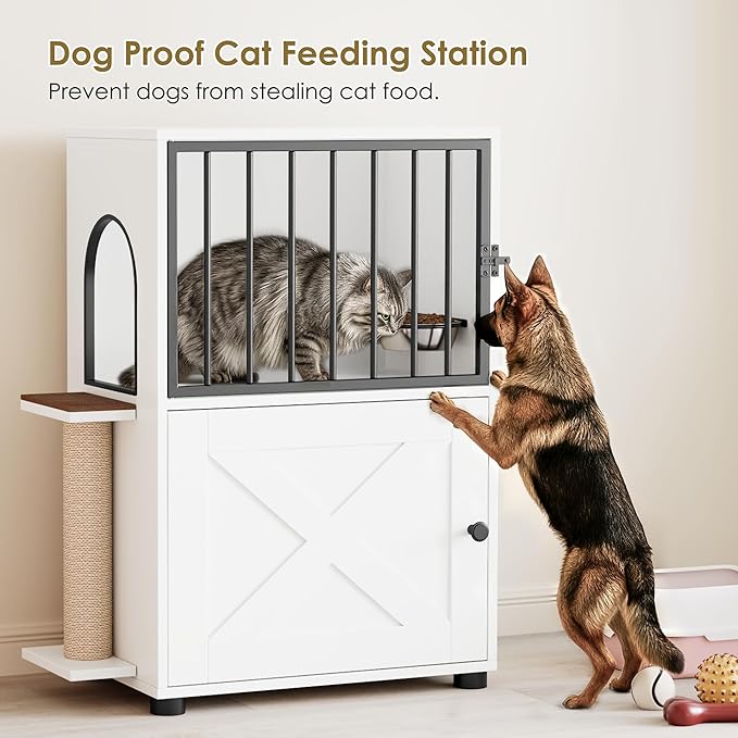 Dog Proof Cat Feeding Station, Dog Proof Cat Feeder, Cat Food Table, White | Cat Feeding Station with Scratching Post, Elevated Food Bowls with Stand, Cat Tree with Food Storage, Cat House