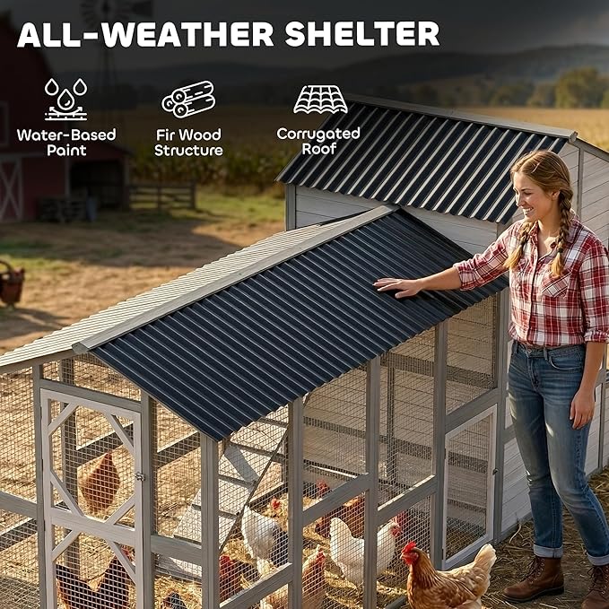 PawHut 147" Extra Large Chicken Coop, Wooden Hen House for 8-10 Hens, Outdoor Chicken House Poultry Hutch with Run, Pull-Out Tray, Nesting Box, Ventilated Windows, Ramp for Rabbit Duck, Gray