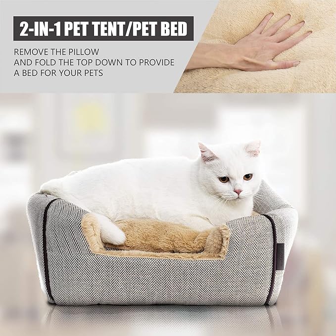 WINDRACING Cat Bed - Cat Cave House Tent with Washable Cushioned Pillow, Soft Kitten Beds, Pet Furniture (Large, Beige)