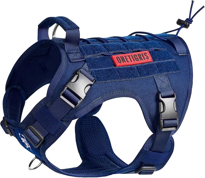 OneTigris Tactical Dog Harness with Handle No-Pull Adjustable for Large Dog | Military 1000D Pullable Nylon, Service Dog Vest with Hook & Loop Panels, Easy On & Off for Walking Hiking Training Blue L