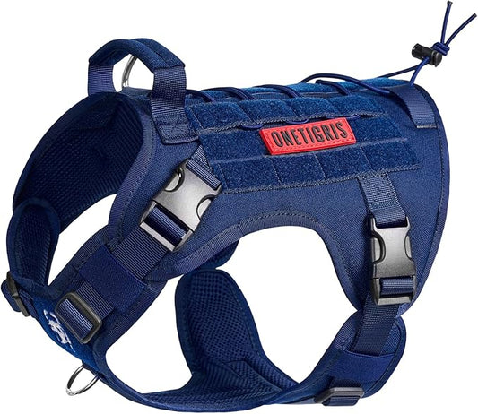 OneTigris Tactical Dog Harness with Handle No-Pull Adjustable for Large Dog | Military 1000D Pullable Nylon, Service Dog Vest with Hook & Loop Panels, Easy On & Off for Walking Hiking Training Blue L