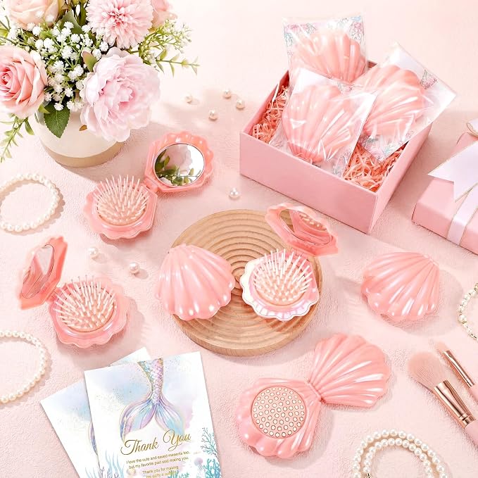 LemonRoad 24 Sets Mermaid Party Favors Shell Hair Brush with Mirror Card, Foldable Mini Travel Compact Hair Brush for Women Birthday, Bachelorette, Under The Sea, Beach Party Gifts(Pink)