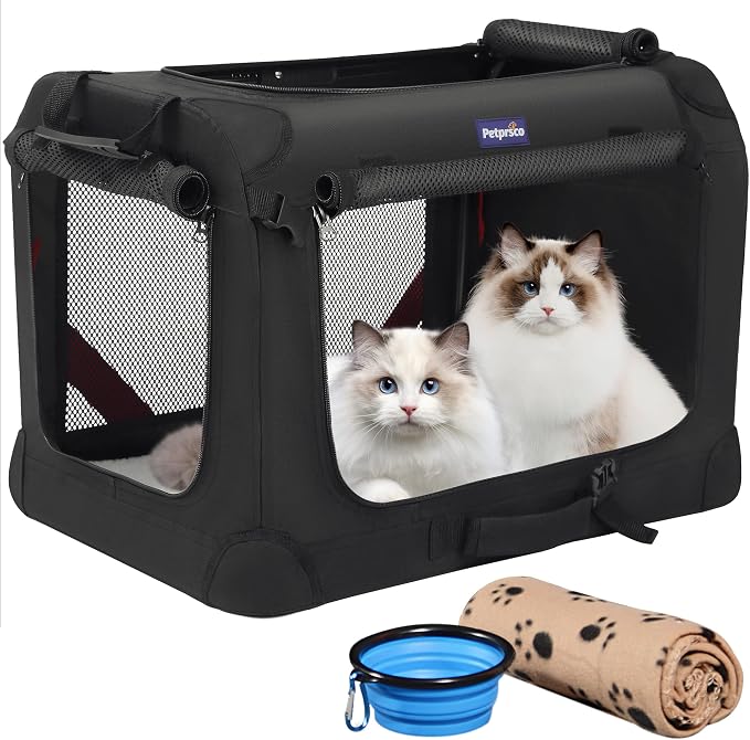 Petprsco Large Cat Carrier for 2 Cats/Small Dogs 24"x17"x17" for Car Travel | Soft Pet Carrier for Large Cats & Small/Medium Dogs, Includes Warm Blanket, Foldable Bowl & Washable Pad, for Long Car Trips