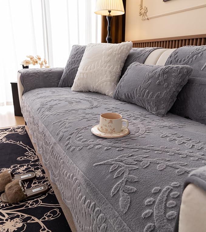 Grey Fuzzy Rabbit Plush Sofa Cover Cozy Warm Sofa Couch Covers with 3D Jacquard Leaf Pattern Non-Slip Easy-to-Install Shaggy Sofa Slipcover Prefect for Kids Dogs Cats Cats(Grey,36"x63")