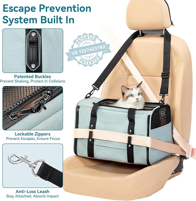 PETSFIT Large Cat Carrier with Patented Safety Buckles,Big Cats Up to 20 lb | Secure Carrier for Safe Driving, Lockable Zippers, Safety Tether, Travel Pet Carrier for Trips & Vet Visits, 19 x 12 x 12