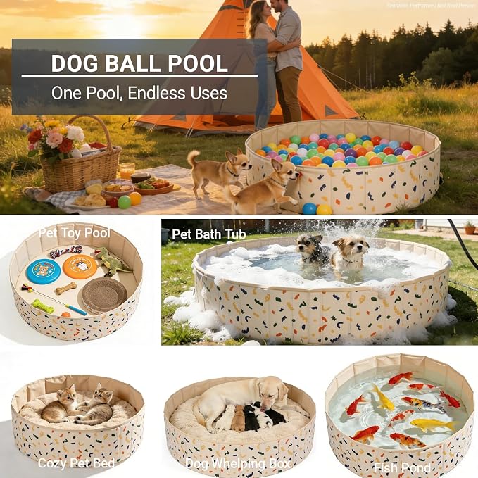 Foldable Dog Pool & Dog Ball Pit with Balls Included, Portable Multifunctional Ball Pit for Dogs & Cats, Anti-Collapse Non-Slip Pet Play Pool(Beige L+132 Balls)
