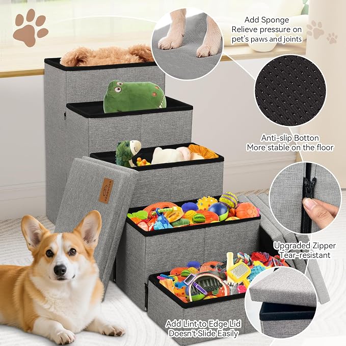 Zerbuger Dog Stairs with Storage, Grey 5 Steps Dog Ramp no Condo for Bed | 26" H Wider Dog Steps for High Beds Couch, Folding Storage Pet Stairs Gift for Climbing Small/Medium/Large Old Dogs Cats