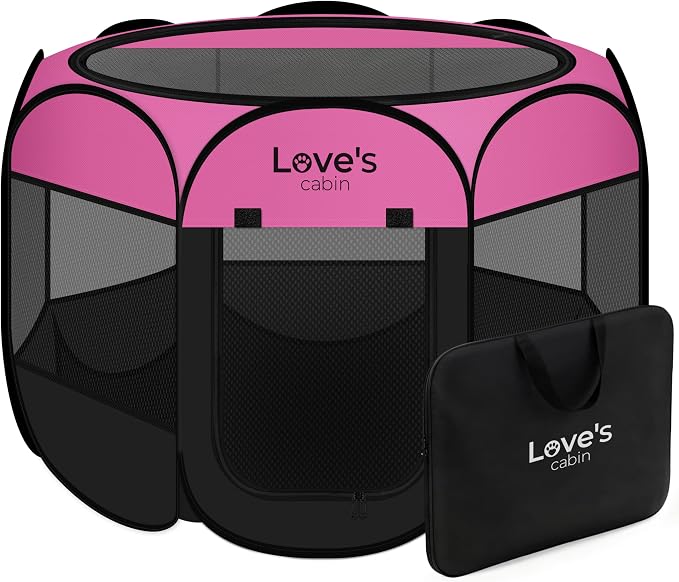 Love's cabin Pet Puppy Dog Playpen, Small Dog Tent Crates Cage Indoor/Outdoor, Portable Playpen for Cat, Foldable Pop Up Dog Kennel Playpen with Carring Case, Removable Zipper Top, Pink