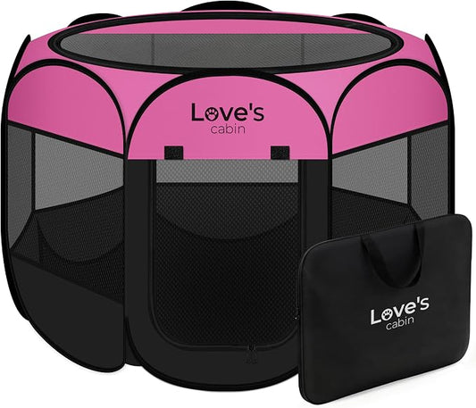 Love's cabin Pet Puppy Dog Playpen, Small Dog Tent Crates Cage Indoor/Outdoor, Portable Playpen for Cat, Foldable Pop Up Dog Kennel Playpen with Carring Case, Removable Zipper Top, Pink