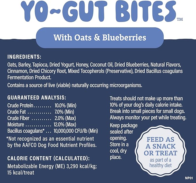 Natural Balance Yo-Gut Bites Crunchy Dog Treats with Real Oats & Blueberries, Greek Yogurt Drizzle, Probiotics for Digestive Support, 4.5oz Bag