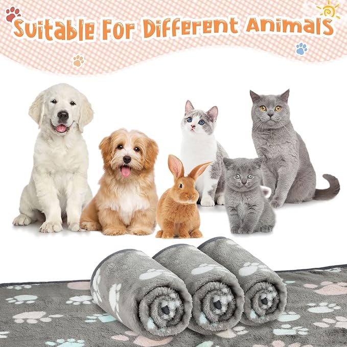Tatuo 4 Pack Fleece Dog Blankets for Puppy Cats Multi-Size Sleep Mat for Pet Guinea Pig Soft Washable Warm Crate Bed Puppy Teething Toys Print Pattern Blanket Indoor(Dark Gray,30 x 20.5 Inch,Paw)