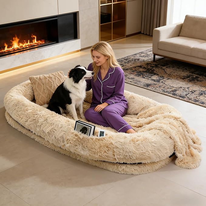Human Dog Bed with Pillow & Blanket - 71 × 45 × 12 Inch | Oversized Pet Bed for Large Dogs, Leak-Resistant Washable Dog Couch Bed for People & Dogs to Share Beige