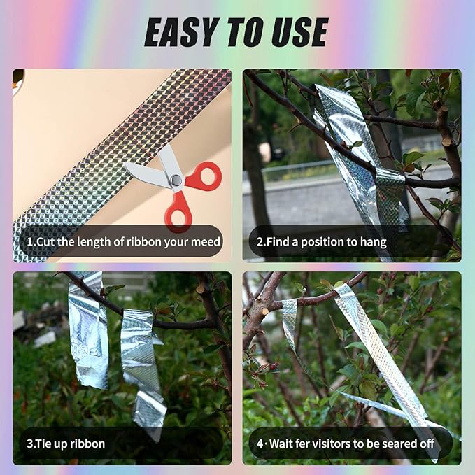 Double Bird Scare Tape Ribbon, Side Reflective Ribbon to Birds from Hitting Windowws and Protect Your House, Garden, Orchard (Silver, 1in * 500FT *2) - No Adhesive, Easy Tie-On Installation