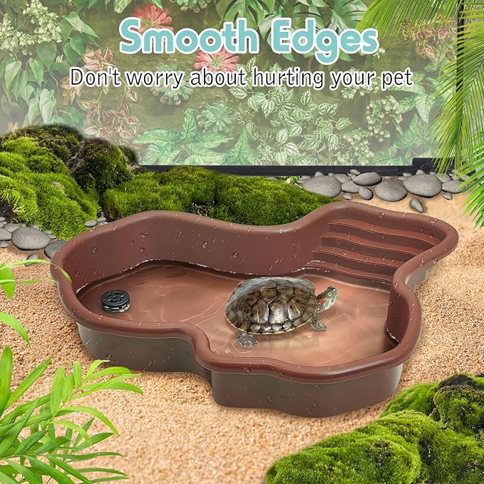kathson Large Turtle Pool with Ramp and Hose, Tortoise Water Bowl Reptile Bathing Tub Amphibians Feeding Accessories for Bearded Dragon Lizard Frog Snake Gecko Scorpion Habitat (Brown)