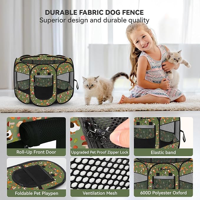 Siedihit Dog Cat Playpen, Puppy Pet Playpen Indoor for Small Dog | Crate Tent Cage Outdoor, Portable Pop Up Dogs Enclosure Kennel with Carrying Case for Dogs/Cats/Rabbits (Cottagecore, Small)