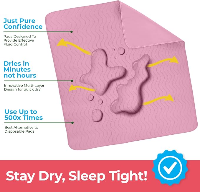 4 Pack Waterproof Reusable Heavy Absorbency Incontinence Bed Pads 34"x52" | Utopia Bedding Washable Underpads, Chuck Pads for Adults, Kids, Elderly and Pets, Bedwetting Pads for Sofa and Couch, Pink