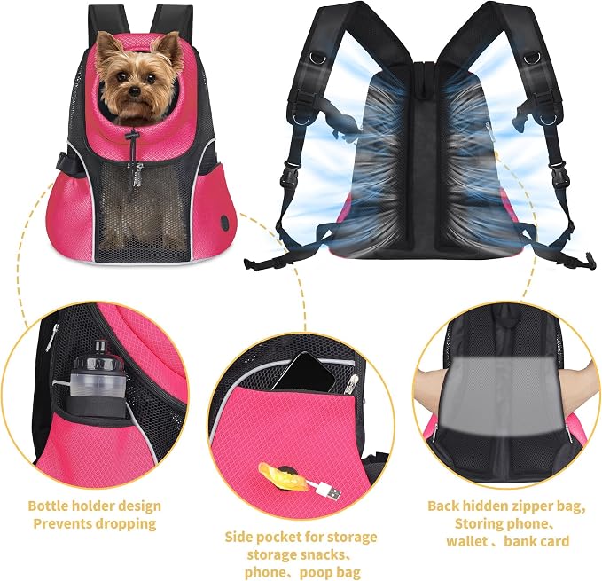 WOYYHO Pet Dog Carrier Backpack, Ventilated Mesh Small Dog Front Backpack | Breathable Puppy Back Pack, with Safety Belt, Storage Pockets, for Travel Hiking Cycling Outdoor Adventures, Rethink Pink, M
