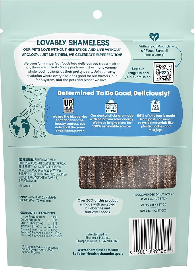 Shameless Pets Blueberry & Mint Dental Chews for Dogs, 8 Chews - Natural Dog Teeth Cleaning Treats with Fresh Breath Benefits | Grain-Free Dental Sticks for Small, Medium & Large Dogs