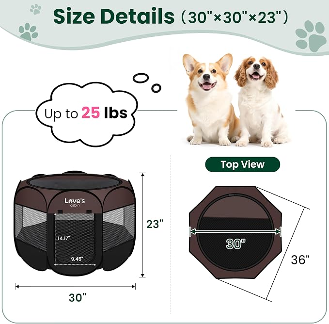 Love's cabin Pet Puppy Dog Playpen, Medium Dog Tent Crates Cage Indoor/Outdoor, Portable Playpen for Cat, Foldable Pop Up Dog Kennel Playpen with Carring Case, Removable Zipper Top, Brown