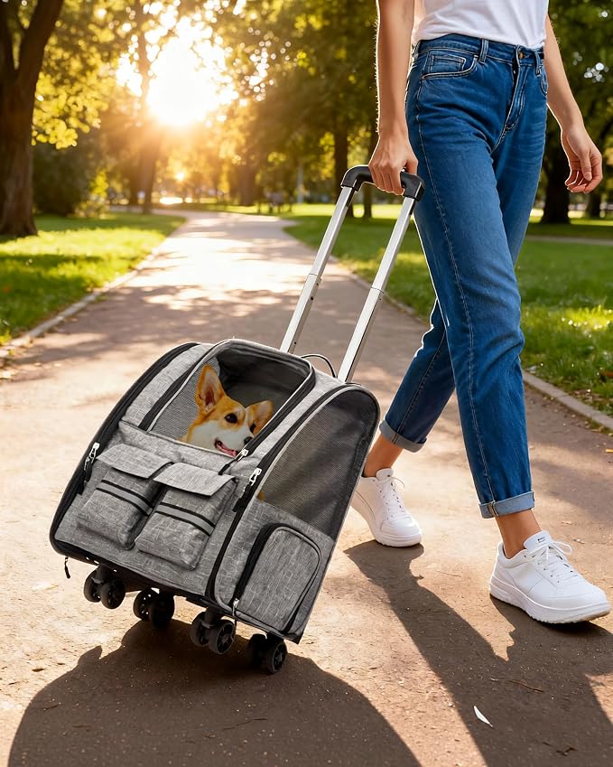 Rolling Pet Carrier with Wheels, Polyester, Soft-Sided Collapsible, Large, Travel, with Telescopic Handle and Folding Bowl (Purple Wheeled Carrier Set)