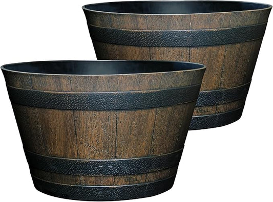 Outdoor Whiskey Resin Flower Pot Barrel Planter, Walnut Brown, 20.5" (2 Pack)