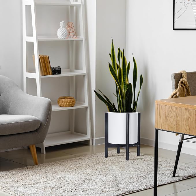 D'vine Dev Plastic Pot with Ebony Wood Stand, White, 12 in, 55-C-Q-1 | Mid-Century Inspired Design, Elevated Plant Display, Clean Lines, Sturdy Support, Modern Space-Saving Style