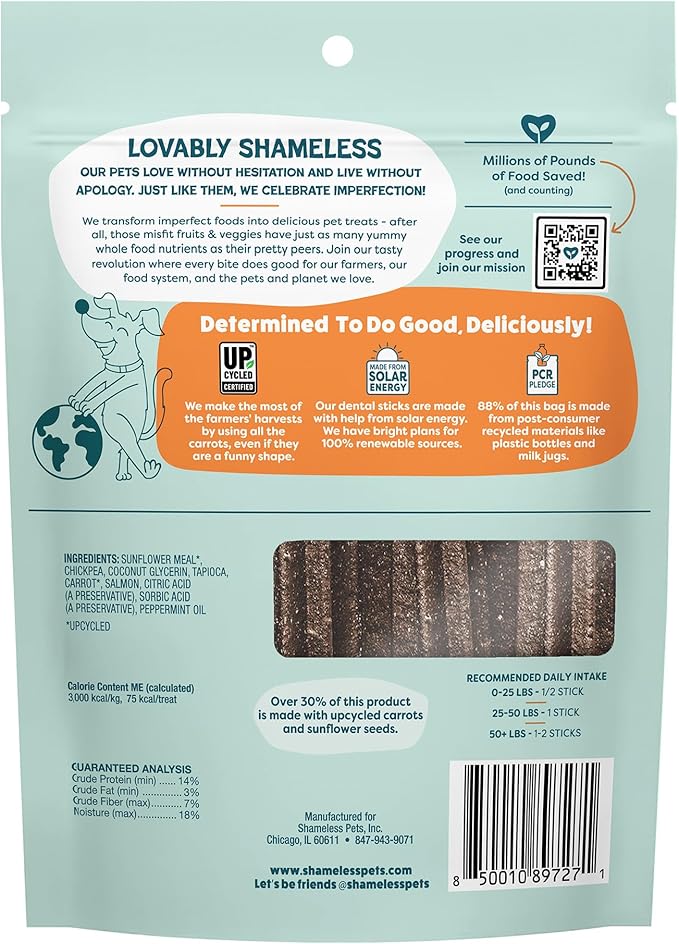 Shameless Pets Dental Treats for Dogs, Carrate Chomp - Healthy Dental Sticks with Skin & Coat Support for Teeth Cleaning & Fresh Breath - Dog Bones Chews Free from Grain, Corn & Soy
