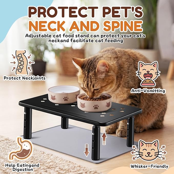 Dreyoo 2 Set Adjustable Cat Food Stand, Black,Gray Mat | Fits Most Auto Feeders, Cat Food Stand, 3 Level Stand, Non Slip Silicone Mats, Elevated Feeding Table, Cats Small Dogs