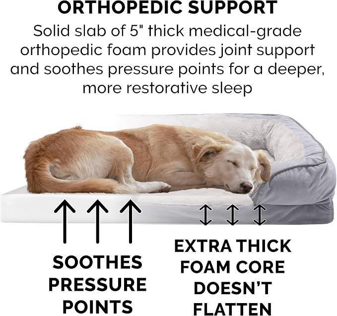 Furhaven Orthopedic Dog Bed for Large Dogs w/ Removable Bolsters & Washable Cover, For Dogs Up to 125 lbs - Plush & Velvet Waves Perfect Comfort Sofa - Granite Gray, Jumbo Plus/XXL