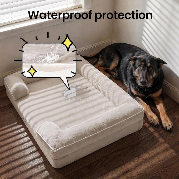 OhGeni Orthopedic Extra Large Dog Bed Couch, Memory Foam, 44-inch (Beige) | Waterproof Pet Bed with Machine-Washable Removable Cover & Soft Comfortable Fabric