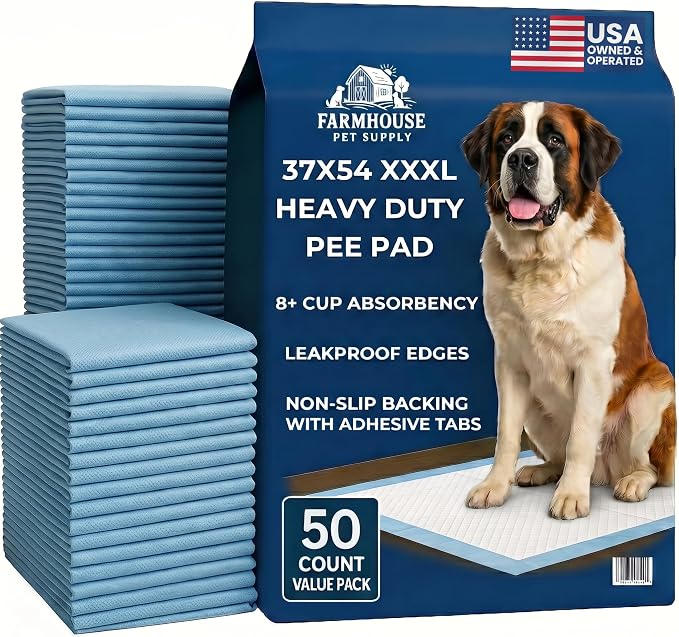 Pee Pads for Dogs Extra Large 37x54 XXXL 50 Count Leak Proof Heavy Duty | With adhesive tabs, 24 hour absorbent, disposable XXL puppy training pads for large dog breeds. 6-layer, non-slip backing