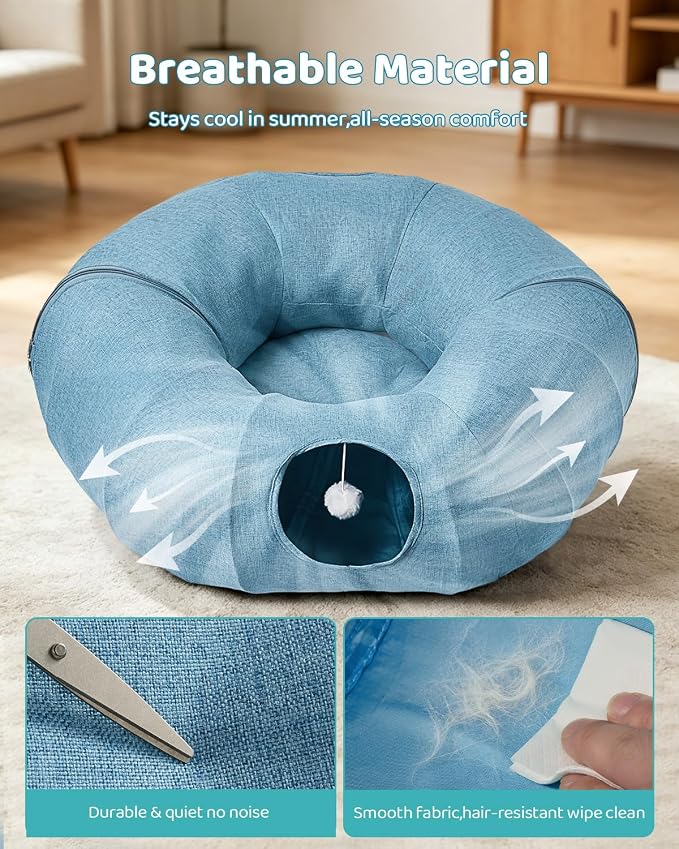 Odoland Linen Cat Tunnels with Central Cat Bed, Interactive Cat Toys Detachable Washable Soft Mat Large Indoor Play Tunnel Cave for Kittens and Small Animals