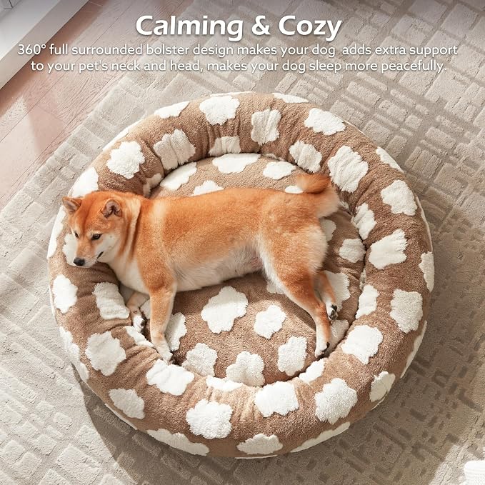 JOEJOY Jacquard Donut Round Dog Beds Medium Sized Dog,Brown 30x30x8in, Removable Washable Cover, Cute Pattern, Ultra Soft Fluffy Calming Pet Bed with Thick Supportive Bolster