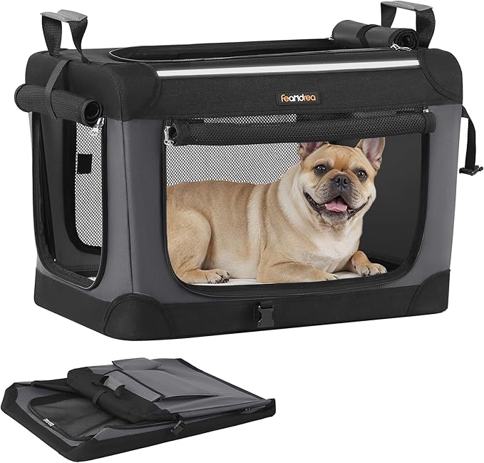 Feandrea Collapsible Dog Crate, Portable Travel Crate, 24-Inch | Oxford Fabric Pet Carrier with 4 Mesh Doors, Handles, Storage Pocket, Water Bottle Holder, UPDC016B01