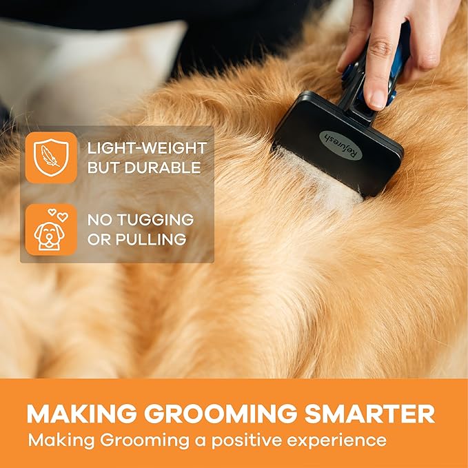 Deshedding Dog Brush for Long Hair (Large,Blue) – Gentle Deshedding Tool for Dogs & Cats – Reduces Shedding, Without damaging Topcoat. Removes Loose Fur & Dead Undercoat.