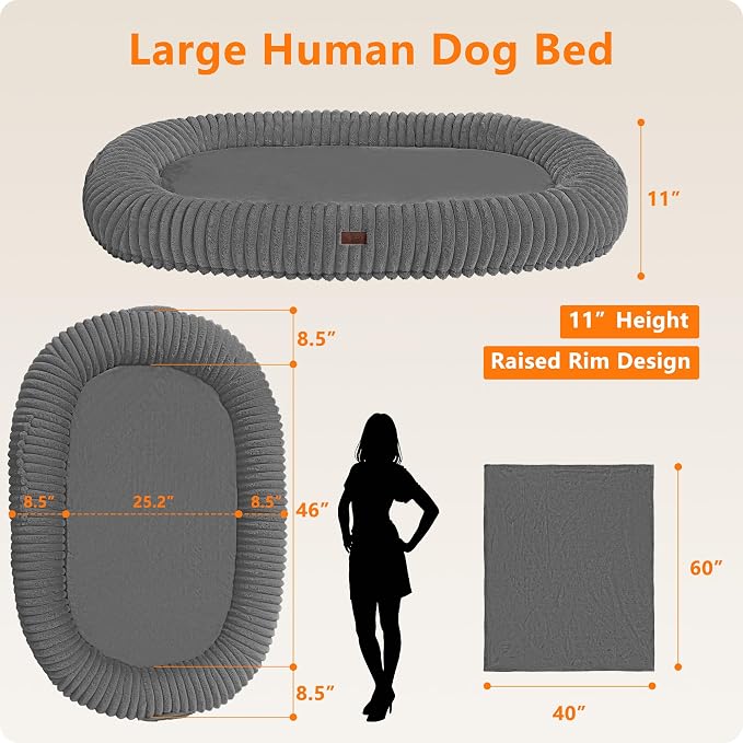Human Dog Bed for Adult, Orthopedic Gel Memory Foam, 65"x41"x9" | Human Dog Bed Fits Adult & Pets, Reversible Egg-Crate Foam Cushion, Washable Pet Bed with Blanket, Medium Grey
