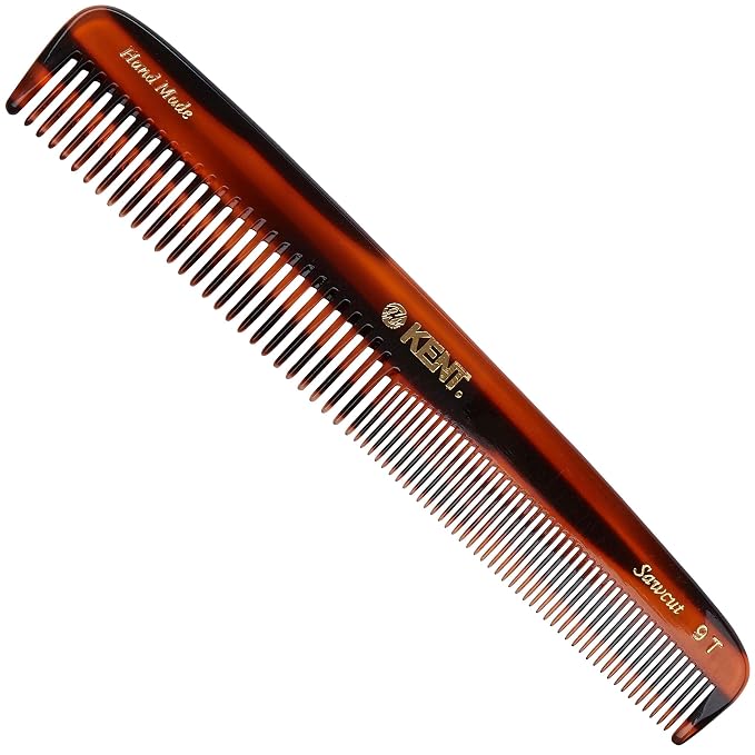 Kent 9T Tortoise Fine and Wide Tooth Detangler Hair Comb - Large Handmade and Saw-Cut Dressing Comb -for Wet and Dry, Hair Comb for Women and Durable Grooming Comb for Men, Made in England