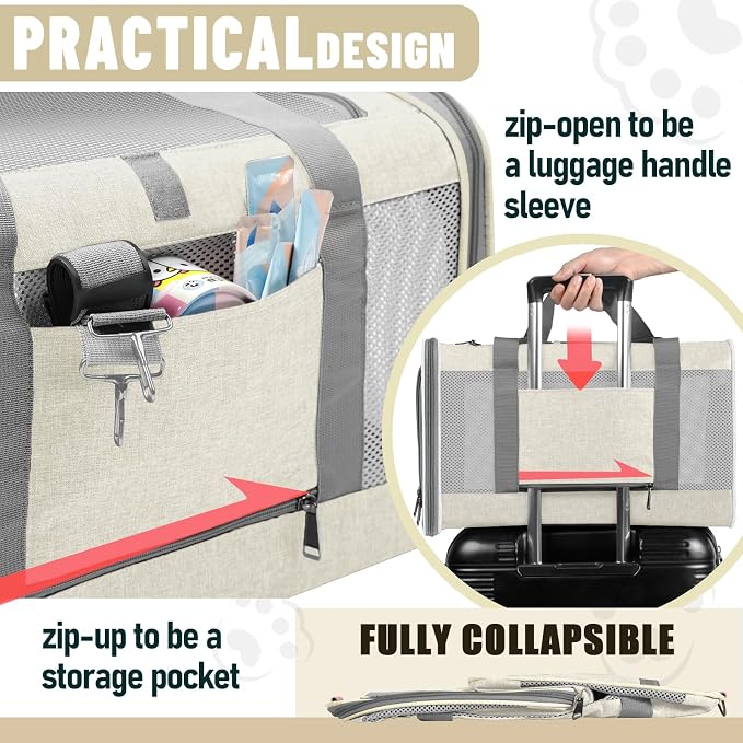 GAPZER Large Cat Carrier Soft, Collapsible Travel Pet Carry Bag, Small Dogs | Big Kitten Cat 20lbs Mainecoon, Top Open Travel Shih-Tzu Pet Kennel, Yorkie Small Dog 10 Pound, 18x12x12, Durable Cloth Beige