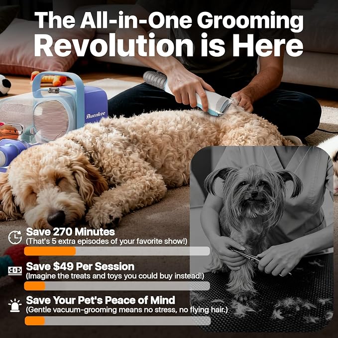 Buenkee Dog Grooming Vacuum Kit, 15000Pa Clipper, Shedding Brush, 2L, Blue | Brush, trim and deshed at home with less flying fur, mess-control suction and fewer emptying breaks during longer sessions