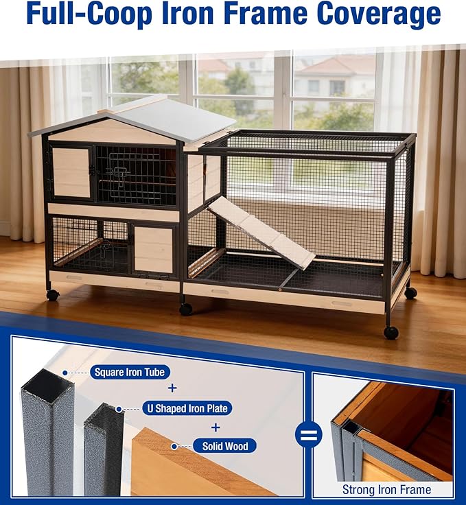 Large Rabbit Hutch Indoor with Chew-Proof Full Metal Frame, Bunny Cage Outdoor with 2-Story Guinea Pig Cages with 6 Wheels, 3 Pull-Out Trays, Waterproof Asphalt Roof, 62" L - Orange
