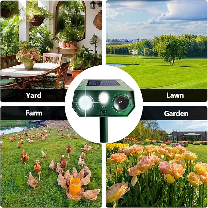 2 Pack 2025 Solar Ultrasonic Animal Repellent Outdoor, Cat Deterrent Deer Repeller with Motion Detection Flash Light for Dog Cat Deer Bird Rabbit Skunk Raccoon Coyote Woodpecker Squirrel, Safe for Pet
