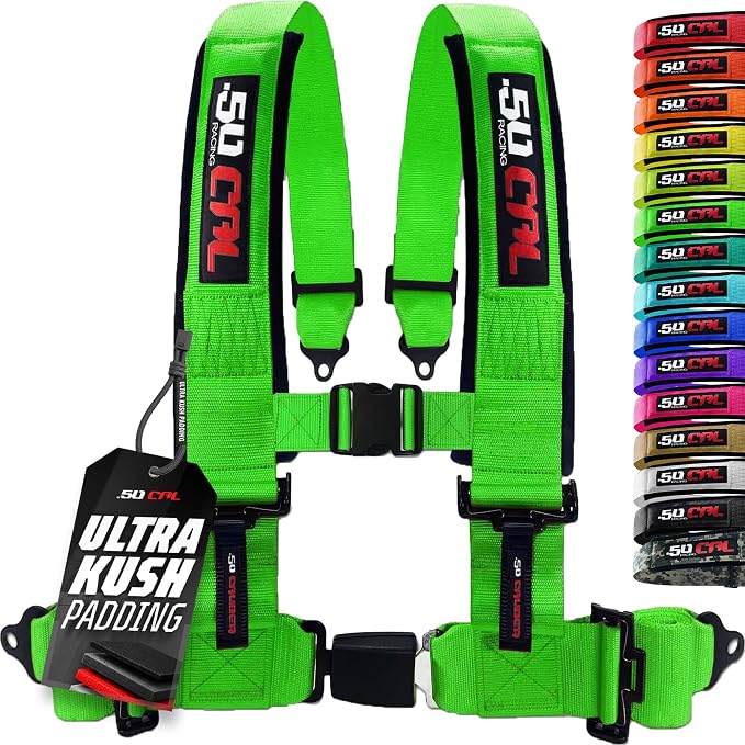 1pc 50 Cal Green 4 Point Harness 2in Straps, Racing Harness Seat Belt | Ultra Kush padding, Push Button quick release hardware. Universal Fit for UTV, RZR, race car.
