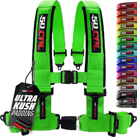 1pc 50 Cal Green 4 Point Harness 2in Straps, Racing Harness Seat Belt | Ultra Kush padding, Push Button quick release hardware. Universal Fit for UTV, RZR, race car.