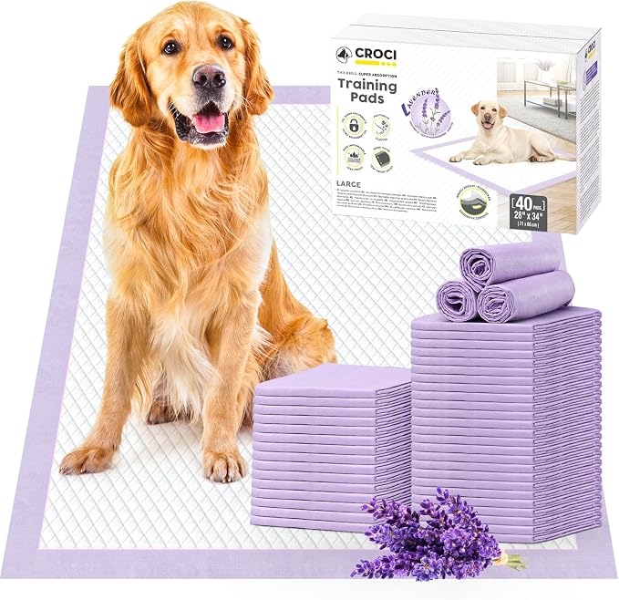 CROCI Large Puppy Pads with Adhesive Tabs Lavender Scented 28x34in 40Ct | Super Absorbent Dog Pads Holds Up to 8 Cups of Urine, 6-Layers, Quick-Dry Surface, Leak-Proof, Disposable
