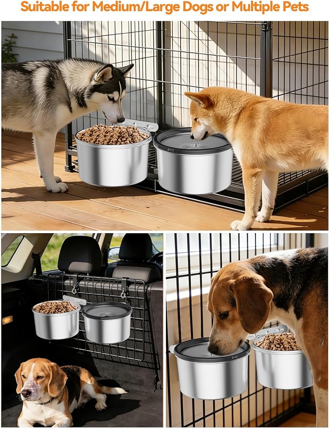 2 Pcs No Spill Dog Water Bowl for Crate, 2.5L Stainless Steel Hanging Kennel Bowls with Adjustable Height, Anti-Splash Water & Food Bowl Set for Cage Kennel Crate, Medium Large Dogs (Black)