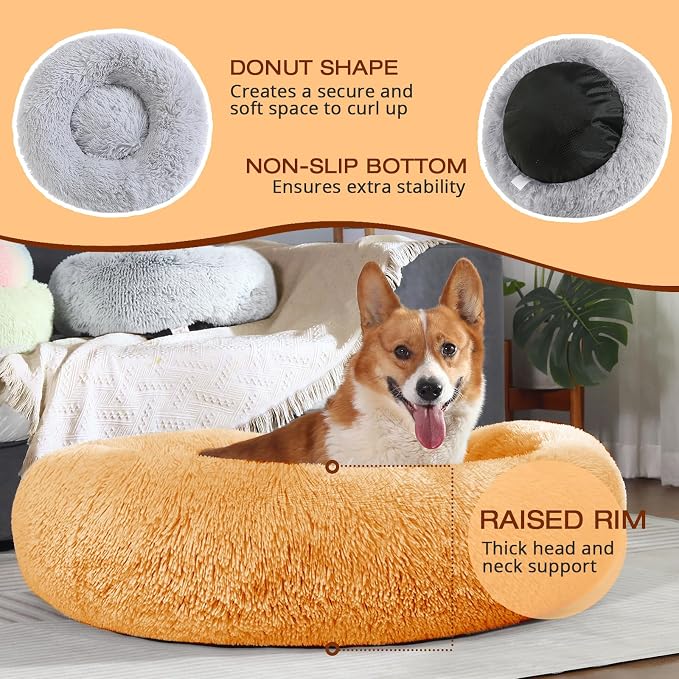 JOLLYVOGUE Dog Bed, Calming Anti-Anxiety Large Dog Bed, Fluffy Donut Cushion for Medium and Large Pets (27"/30"/36")